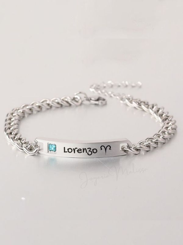 Pulsera Personalizada Zirconia Logueadas (2) pulsera acero plata con grabado laser de nombre con signo aries signos del zodiaco uruguay