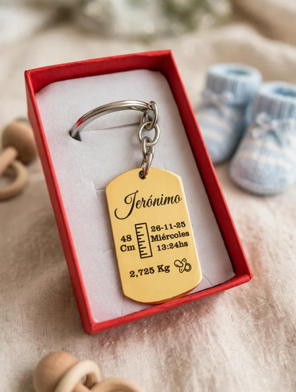 llavero chapita acero dorado oro grabado personalizado con datos de nacimiento de bebé